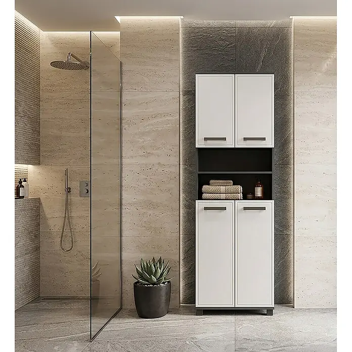 Schildmeyer Hochschrank Adana - B x T x H: 598 x 326 x 1.809 mm, Anthrazit/Weiß glanz - Hoher weißer Badezimmerschrank mit dunklen offenen Fächern, ideal für modernes Bad neben der Dusche.