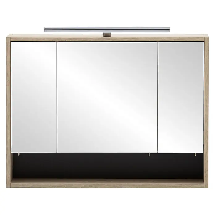 Schildmeyer LED-Spiegelschrank Sonderby - B x H: 800 x 648 mm, Holz, Weißeiche - Heller Holz Spiegelschrank mit 3 Türen, integrierter Beleuchtung und dunklem offenem Fach.