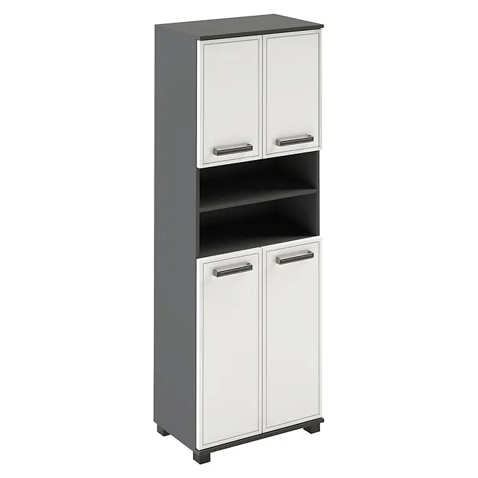 Schildmeyer Hochschrank Adana - B x T x H: 598 x 326 x 1.809 mm, Anthrazit/Weiß glanz - Zweifarbiger grau-weißer Schrank mit vier Türen und zwei offenen Fächern.