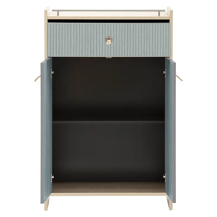 Schildmeyer Highboard Sonderby - B x T x H: 650 x 330 x 1.042 mm, Weißeiche/Eiche gestreift - Kleiner hellholzfarbener Schrank mit grauer gerillter Schublade und zwei offenen Türen, die ein dunkles Interieur und ein Regal enthüllen.