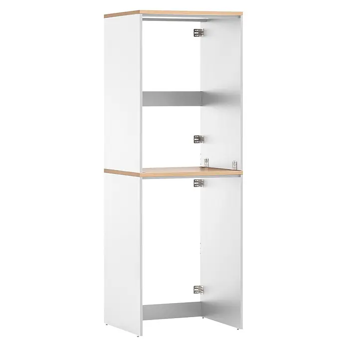 Schildmeyer Hochschrank Solea - B x T x H: 671 x 600 x 1.907 mm, Mattweiß - Weißer zweiteiliger Schrank mit heller Holzoptikplatte und offenen Türen, die Metallscharniere und ein graues Regal zeigen.