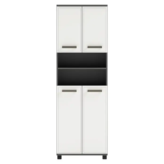 Schildmeyer Hochschrank Adana - B x T x H: 598 x 326 x 1.809 mm, Anthrazit/Weiß glanz - Weißer und dunkelgrauer Aufbewahrungsschrank mit vier Türen und offenen Fächern.