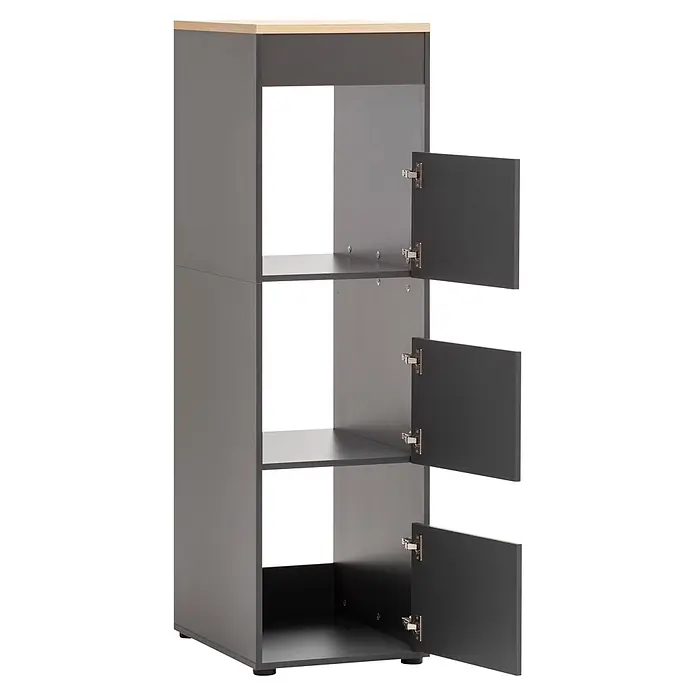 Schildmeyer Wäscheschrank Solea - Anthrazit, B x T x H: 451 x 600 x 1.547 mm - Hoher grauer Schrank mit heller Holzplatte und drei offenen dunkelgrauen Türen, die Innenfächer zeigen.