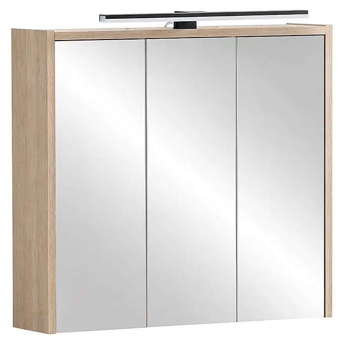 Schildmeyer LED-Spiegelschrank Pandora - B x H: 650 x 627 mm, Eiche - Dreitüriger Spiegelschrank mit hellem Holzrahmen und LED-Beleuchtung.