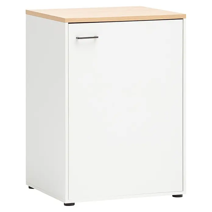 Schildmeyer Holz-Mehrzweckschrank Solea - 1 Tür, Mattweiß - Weißer Schrank mit heller Holzplatte und grauem Griff.