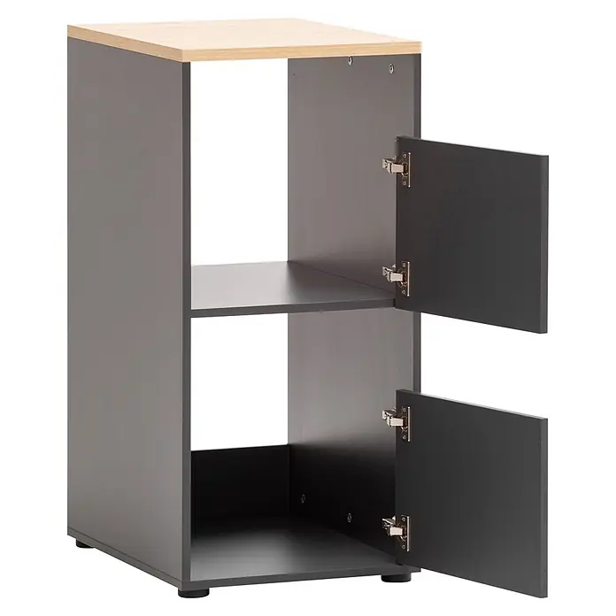 Schildmeyer Wäscheschrank Solea - Anthrazit, B x T x H: 451 x 600 x 958 mm - Kleiner dunkelgrauer Schrank mit heller Holzplatte und zwei geöffneten Türen.