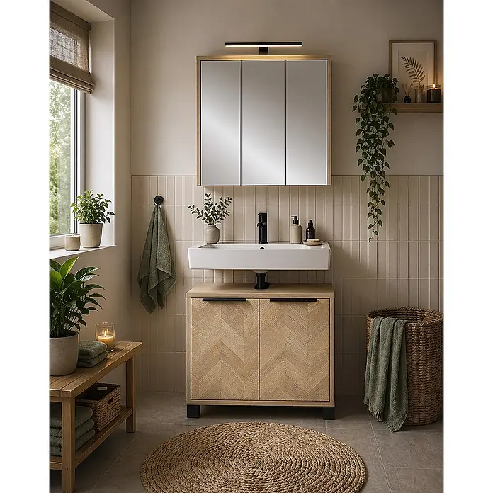 Schildmeyer Waschbeckenunterschrank Piazza - B x T x H: 651 x 330 x 536 mm, Eiche Hell/Eiche Chevron - Moderner Badezimmerwaschtisch aus hellem Holz mit Fischgrätmuster, weißem Waschbecken und Spiegelschrank mit Lampe. Natürliche Dekoration.