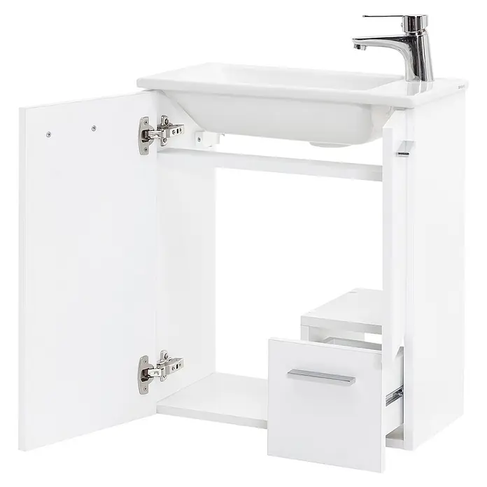 Schildmeyer Badmöbel-Set Matteo - Kreideweiß - Weißer Badezimmerschrank mit integriertem Waschbecken, Chromarmatur, offener Tür und teilweise geöffneter Schublade.