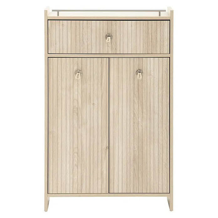 Schildmeyer Highboard Sonderby - B x T x H: 650 x 330 x 1.042 mm, Weißeiche/Eiche gestreift - Heller Holzschrank mit geriffelter Oberfläche, einer Schublade, zwei Türen, Metallreling und Seilgriffen.
