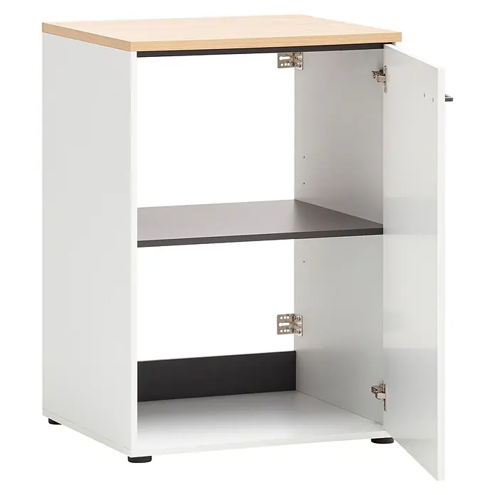 Schildmeyer Holz-Mehrzweckschrank Solea - 1 Tür, Mattweiß - Kleiner weißer Schrank mit heller Holzplatte und grauem Einlegeboden, Tür offen.