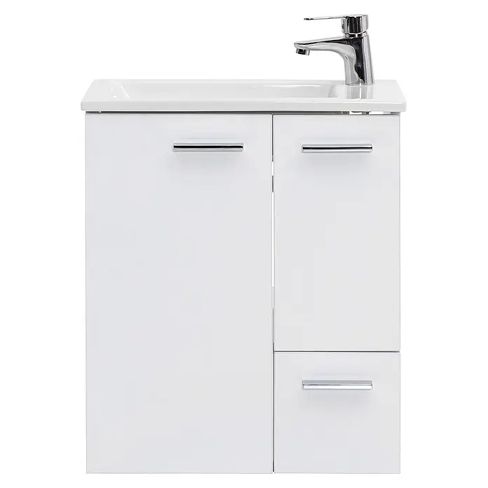 Schildmeyer Badmöbel-Set Matteo - Kreideweiß - Weißer Badunterschrank mit integriertem Waschbecken, Chromarmatur, drei Schranktüren und einer Schublade.