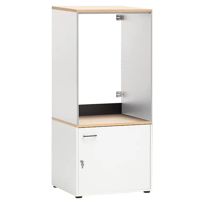 Schildmeyer Hochschrank Solea - B x T x H: 671 x 600 x 1.547 mm, Mattweiß - Weiß-holzfarbener Büroschrank mit offener Glastür, schwarzer Innenrückwand und abschließbarer Bodentür.