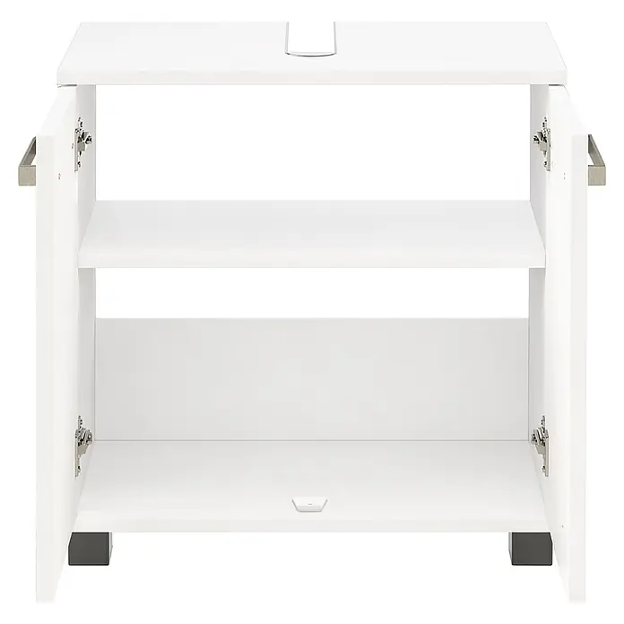 Schildmeyer Waschbeckenunterschrank Adana - B x T x H: 303 x 326 x 1.105 mm, Mattweiß/Weißglanz - Weißes Medienschrank mit offenen Türen, einem Einlegeboden und einer Kabeldurchführung.