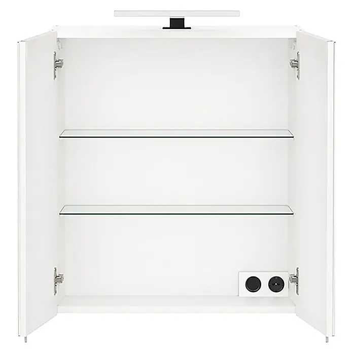 Schildmeyer LED-Spiegelschrank Sasso - B x H: 600 x 748 mm, Mattweiß - Offener weißer Schrank mit zwei Klarglasböden und einer internen schwarzen Steckdose.