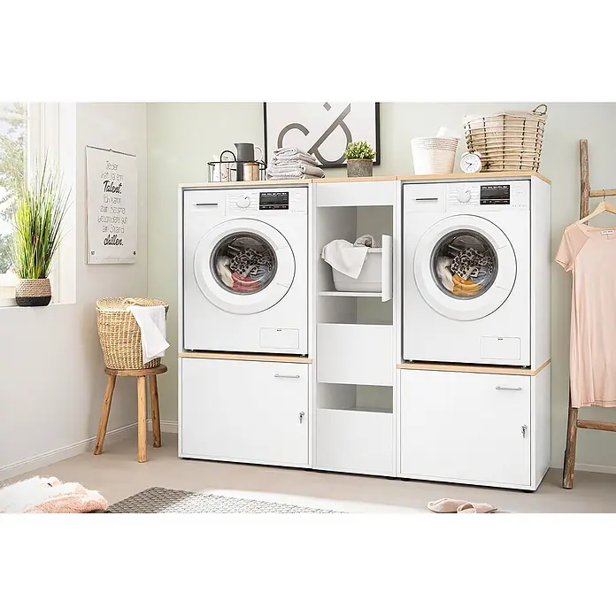 Schildmeyer Wäscheschrank Solea - Mattweiß, B x T x H: 451 x 600 x 1.547 mm - Weißes modulares Waschküchenschranksystem mit zwei Waschmaschinen, Holzplatten und integriertem Stauraum.