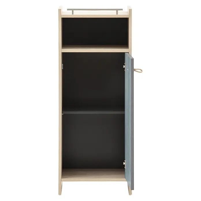 Schildmeyer Highboard Sonderby - B x T x H: 402 x 330 x 1.042 mm, Weißeiche/Eiche blau gestreift - Heller Holzschrank mit dunklen Innenböden, offener Tür mit Seilgriff und Metallstange oben.