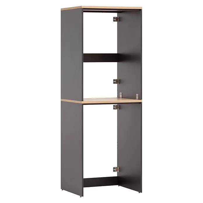 Schildmeyer Hochschrank Solea - B x T x H: 671 x 600 x 1.907 mm, Anthrazit - Dunkelgrauer Schrankkorpus mit hellen Holzoptik-Oberflächen und Einlegeboden, mit Scharnierplatten für Türen.