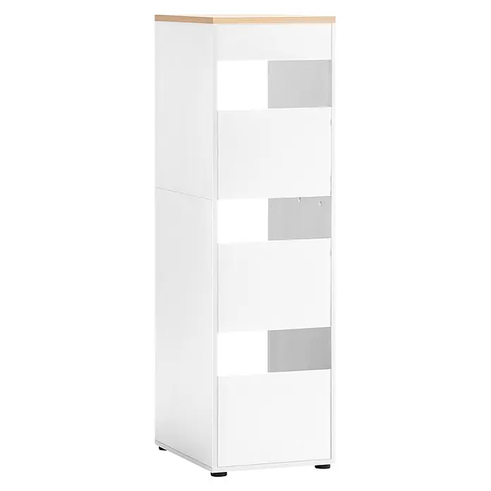 Schildmeyer Wäscheschrank Solea - Mattweiß, B x T x H: 451 x 600 x 1.547 mm - Weißer Schrank mit heller Holzplatte und mehreren Schubladen, teilweise offen.