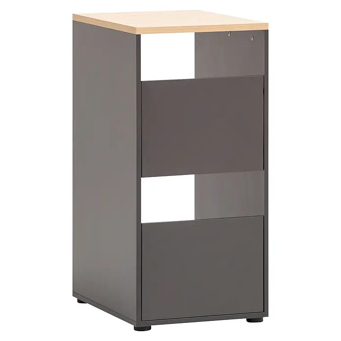 Schildmeyer Wäscheschrank Solea - Anthrazit, B x T x H: 451 x 600 x 958 mm - Graues, rechteckiges Aufbewahrungselement mit heller Holzplatte, offenen Fächern und geschlossenen Fronten auf kleinen Füßen.