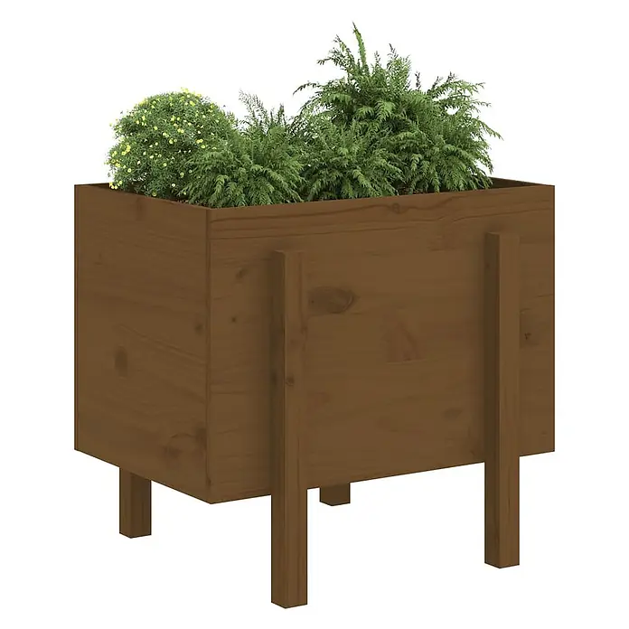 Furnicato Hochbeet - 50 x 62 x 57 cm, Holz, Honigbraune Kiefer - Erhöhter Pflanzkasten aus braunem Holz mit grünen Pflanzen.
