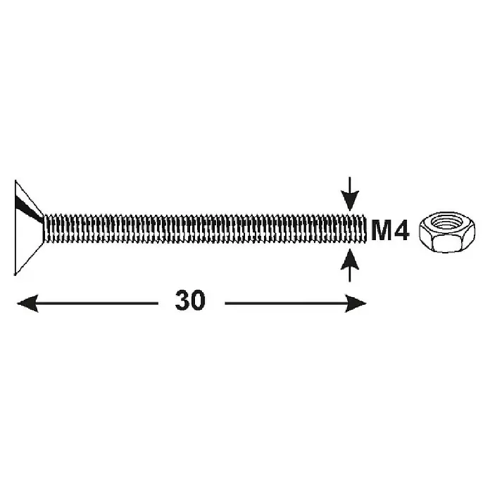 Connex Tornillo de rosca métrica con tuerca - Ø x L: 4 x 30 mm, PH 1 - Tornillo de cabeza plana M4x30mm y tuerca hexagonal a juego.