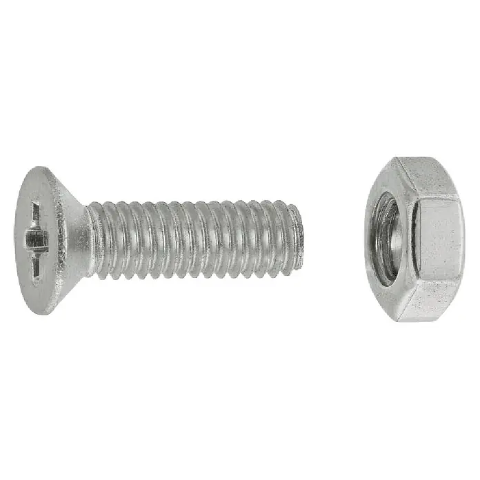 Connex Tornillo de rosca métrica con tuerca - Ø x L: 3 x 10 mm, PH 1 - Tornillo de cabeza plana metálico plateado con ranura Phillips y tuerca hexagonal a juego.