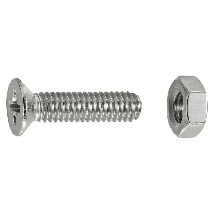 Connex Tornillo de rosca métrica con tuerca - Ø x L: 4 x 16 mm, PH 1 - Tornillo de máquina Phillips de cabeza plana plateado y tuerca hexagonal.