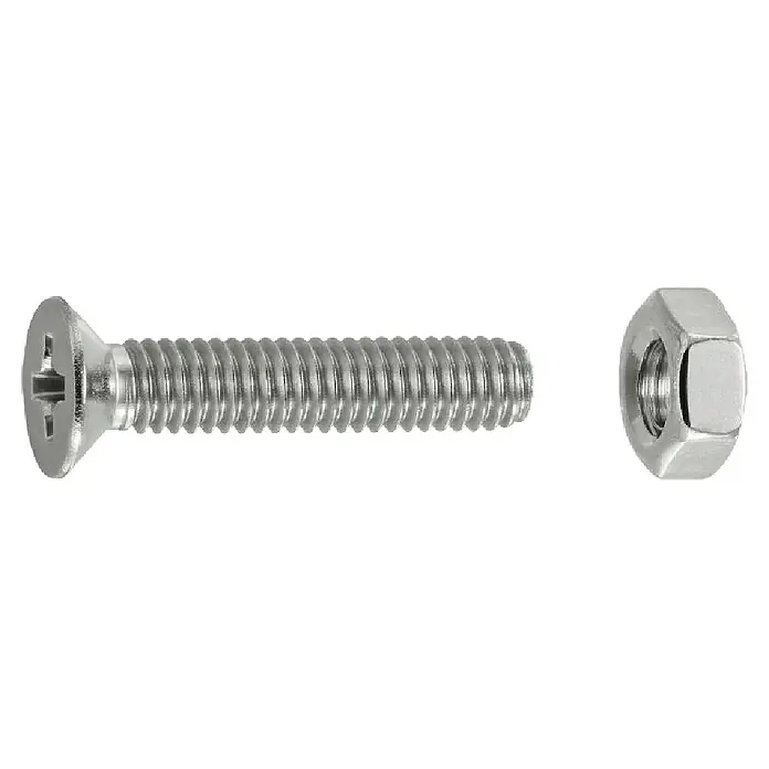 Connex Tornillo de rosca métrica con tuerca - Ø x L: 4 x 20 mm, PH 1 - Tornillo de cabeza avellanada Phillips de metal plateado y tuerca hexagonal.