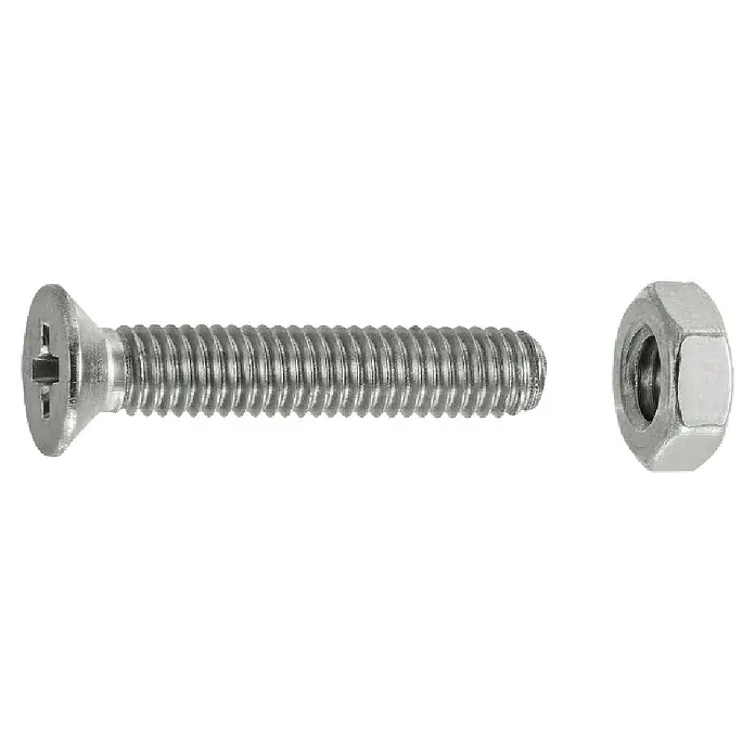 Connex Tornillo de rosca métrica con tuerca - Ø x L: 3 x 16 mm, PH 1 - Tornillo de cabeza plana color plata con ranura Phillips y cuadrada, junto a una tuerca hexagonal a juego.