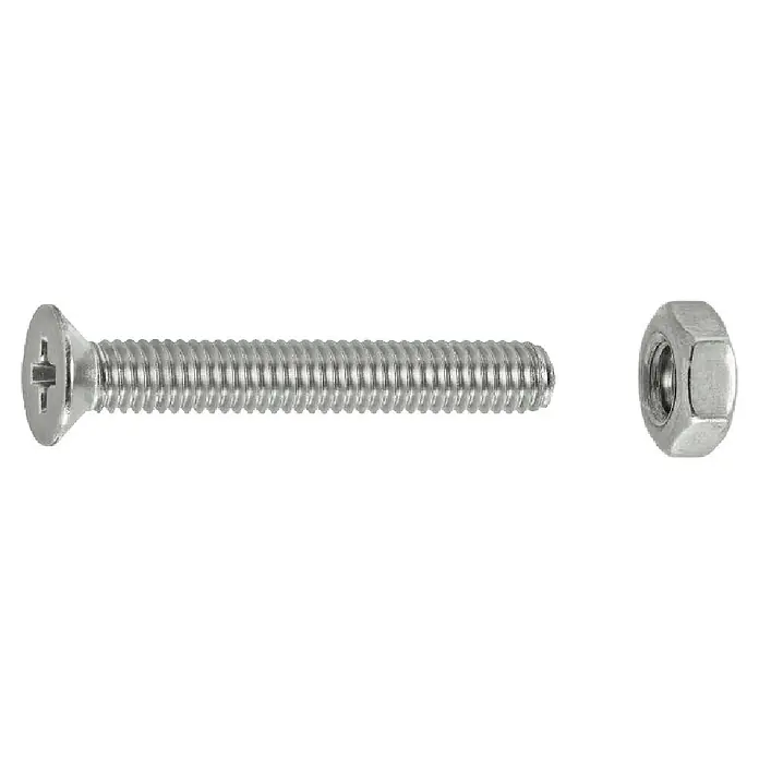 Connex Tornillo de rosca métrica con tuerca - Ø x L: 3 x 20 mm, PH 1 - Tornillo de cabeza avellanada plateado con accionamiento combinado y tuerca hexagonal a juego.
