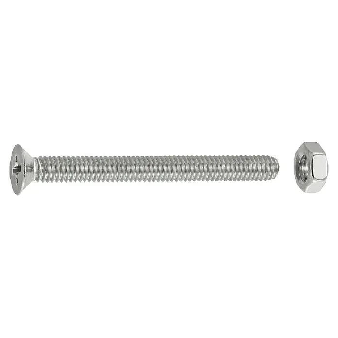Connex Tornillo de rosca métrica con tuerca - Ø x L: 4 x 40 mm, PH 1 - Tornillo de máquina plateado de rosca completa con cabeza avellanada de accionamiento combinado y tuerca hexagonal.