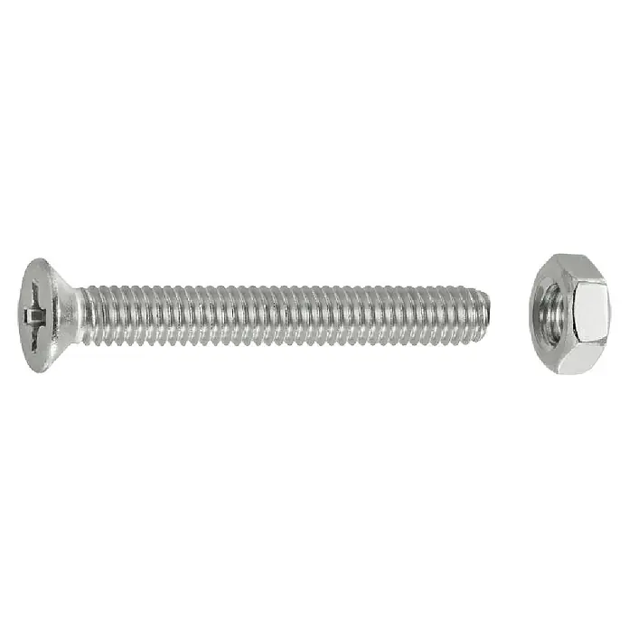 Connex Tornillo de rosca métrica con tuerca - Ø x L: 4 x 30 mm, PH 1 - Tornillo de cabeza plana totalmente roscado de color plateado con ranura Phillips y tuerca hexagonal a juego.