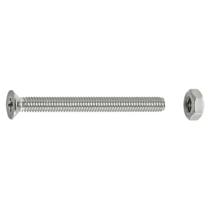 Connex Tornillo de rosca métrica con tuerca - Ø x L: 3 x 30 mm, PH 1 - Tornillo de metal plateado de cabeza plana con ranura combinada, rosca completa, junto a una tuerca hexagonal.