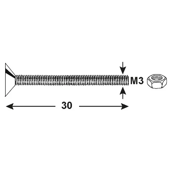Connex Tornillo de rosca métrica con tuerca - Ø x L: 3 x 30 mm, PH 1 - Tornillo de cabeza avellanada M3 x 30mm con tuerca a juego e indicaciones de medida.