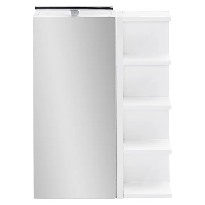 Schildmeyer LED-Spiegelschrank Matteo - B x H: 503 x 744 mm, Holz, Kreideweiß - Weißer Badschrank mit Spiegeltür links, vier offenen Regalfächern rechts und einer oberen Leuchte.