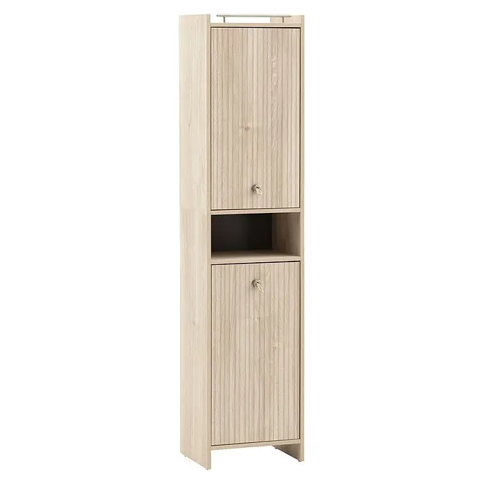 Schildmeyer Hochschrank Sonderby - B x T x H: 402 x 330 x 1.765 mm, Weißeiche/Eiche gestreift - Heller Holz-Look Schrank mit zwei gerillten Türen, offenem Fach und Metall-Oberleiste.