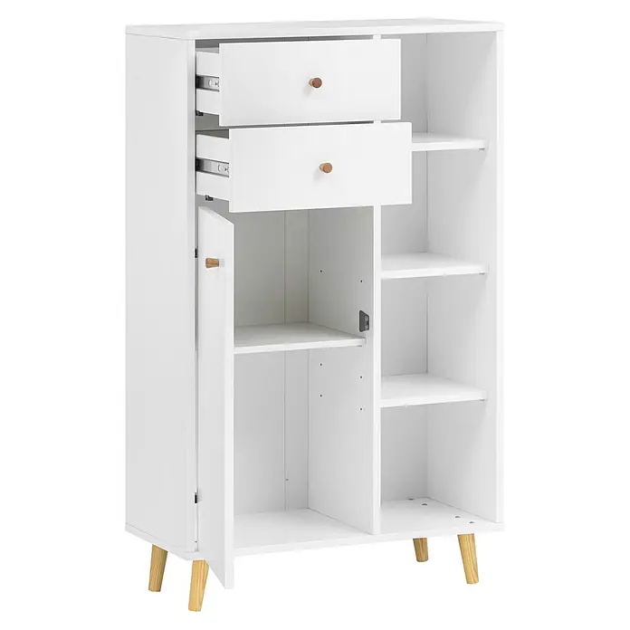 Schildmeyer Bjarne Highboard - B x T x H: 60,2 x 33,05 x 113,4 cm, Mattweiß - Weißer Aufbewahrungsschrank mit zwei offenen Schubladen, einer geöffneten Tür und offenen Regalfächern, mit hellen Holzbeinen und -griffen.