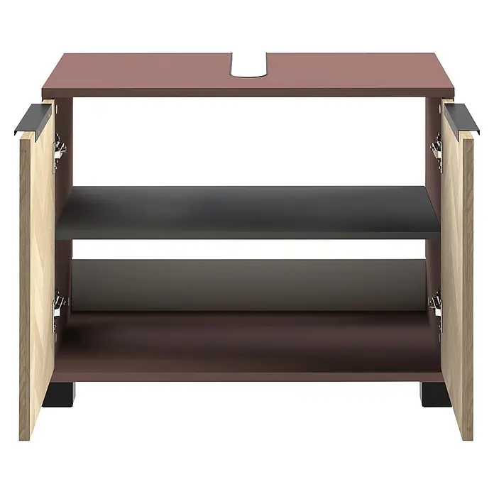 Schildmeyer Waschbeckenunterschrank Piazza - B x T x H: 651 x 330 x 536 mm, Mauve/Eiche Chevron - Offener brauner Schrank mit hellen Holztüren, zwei internen Regalböden (dunkel- und hellgrau) und U-förmigem Ausschnitt oben.