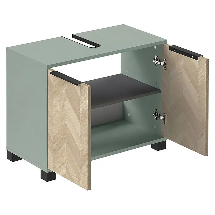 Schildmeyer Waschbeckenunterschrank Piazza - B x T x H: 651 x 330 x 536 mm, Pistazie/Eiche Chevron - Hellgrüner Badunterschrank mit hellen Fischgrät-Holztüren, schwarzen Griffen, Innenregal und Siphonausschnitt.
