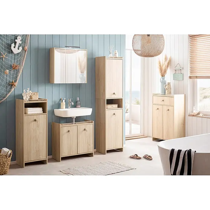 Schildmeyer Highboard Sonderby - B x T x H: 402 x 330 x 1.042 mm, Weißeiche/Eiche gestreift - Helles Badezimmermöbel-Set im Küstenstil aus Holz mit Schränken, Spiegel und Waschtisch für Stauraum und Organisation.