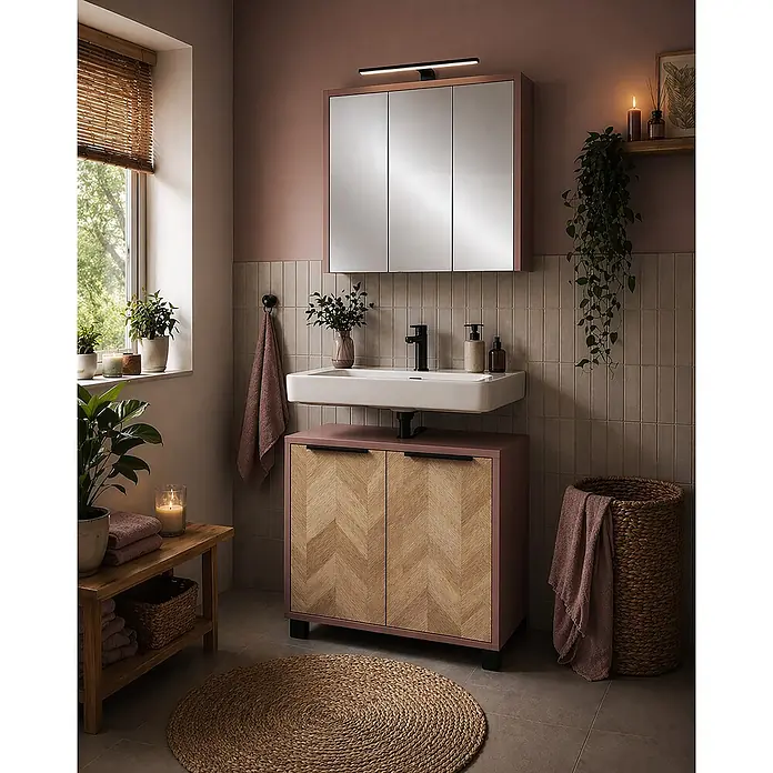 Schildmeyer Waschbeckenunterschrank Piazza - B x T x H: 651 x 330 x 536 mm, Mauve/Eiche Chevron - Rosafarbener Badezimmer-Waschtischunterschrank mit weißem Waschbecken und Spiegelschrank, Holztüren mit Fischgrätmuster und moderner Lichtleiste.