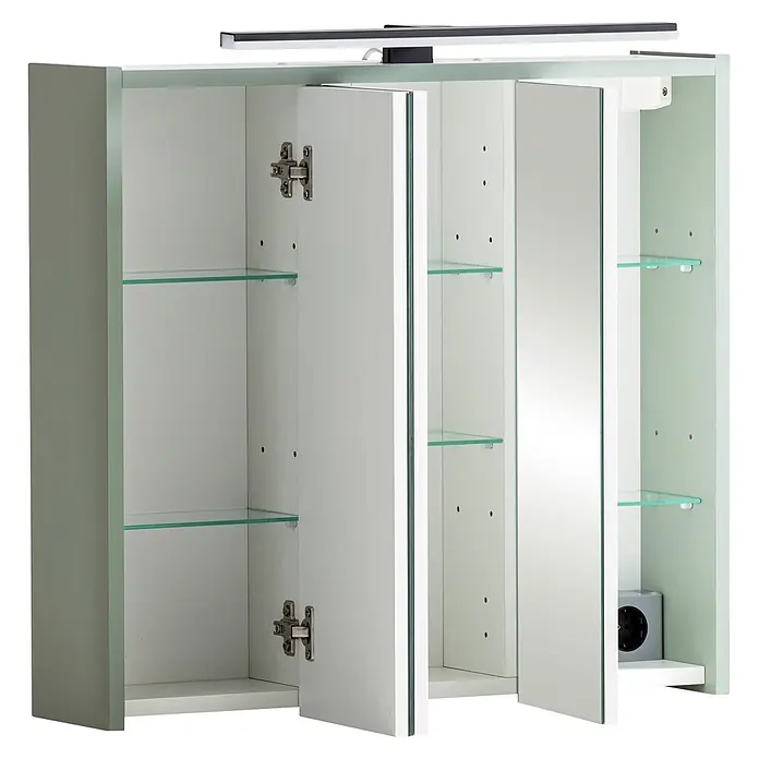 Schildmeyer LED-Spiegelschrank Pandora - B x H: 650 x 627 mm, Pistazie - Weißer Spiegelschrank mit geöffneten Türen, Glasböden, integrierter Beleuchtung und Steckdose.