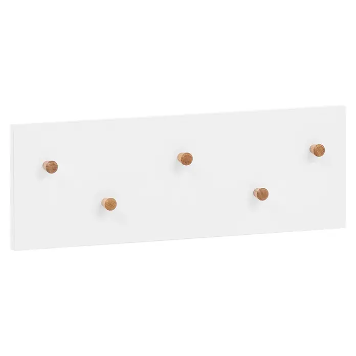 Schildmeyer Bjarne Hakenleiste - B x H: 55,9 x 19,5 cm, Mattweiß - Weißes, rechteckiges Wandpaneel mit fünf hellen Holzstiften, ideal zum Aufhängen von Gegenständen.
