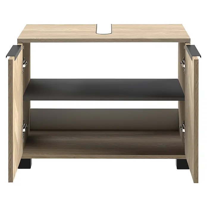 Schildmeyer Waschbeckenunterschrank Piazza - B x T x H: 651 x 330 x 536 mm, Eiche Hell/Eiche Chevron - Offener heller Holz-Badschrank mit dunkelgrauem Regal und U-förmigem Ausschnitt für Rohrleitungen.