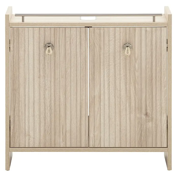 Schildmeyer Waschbeckenunterschrank Sonderby - B x T x H: 650 x 330 x 626 mm, Weißeiche/Eiche gestreift - Heller Holzschrank mit zwei Türen, vertikaler Maserung, Seilgriffen, silberner Metallreling oben und kurzen Beinen.