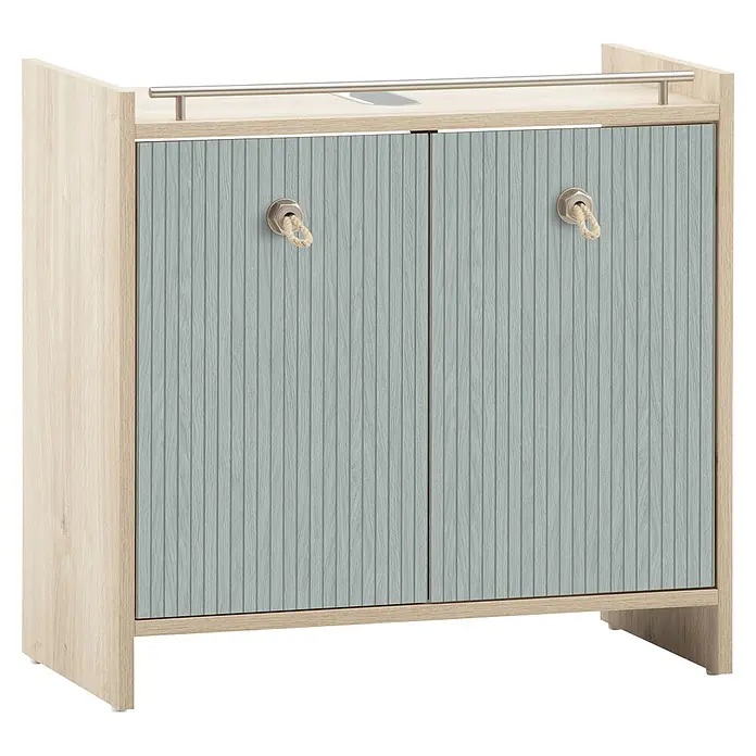 Schildmeyer Waschbeckenunterschrank Sonderby - B x T x H: 650 x 330 x 626 mm, Weißeiche/Eiche blau gestreift - Kleiner hellholzfarbener Schrank mit zwei hellblauen gerippten Türen, silbernen Griffen mit Seilknoten und einer oberen Silberstange.