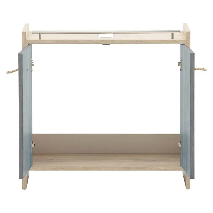 Schildmeyer Waschbeckenunterschrank Sonderby - B x T x H: 650 x 330 x 626 mm, Weißeiche/Eiche blau gestreift - Offener heller Holzschrank mit hellgrauen Türen, Metallreling und Seilgriffen, mit Regal und runder Aussparung.