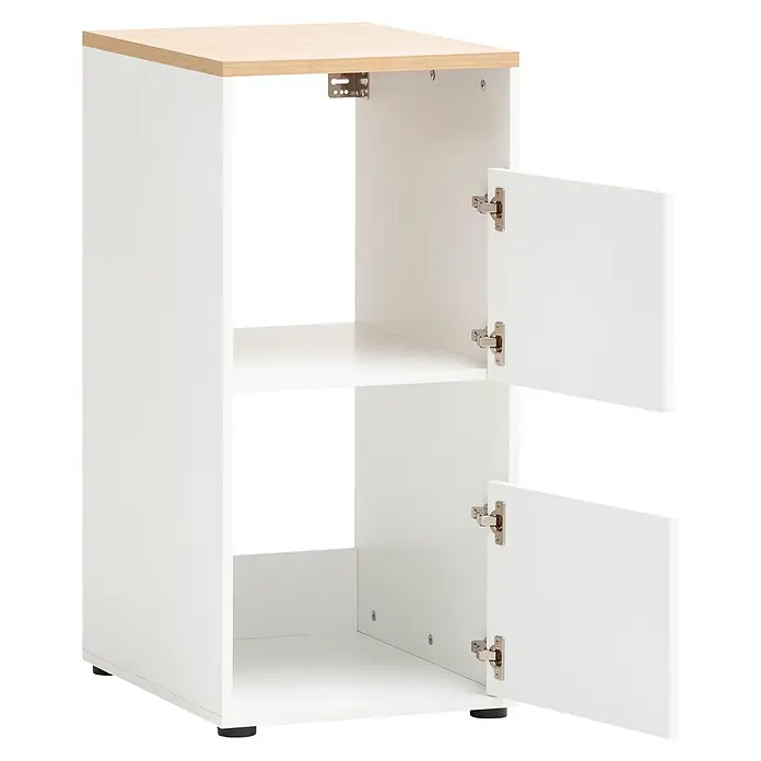 Schildmeyer Wäscheschrank Solea - Mattweiß, B x T x H: 451 x 600 x 958 mm - Weißer Unterschrank mit heller Holzplatte, zwei offenen Fächern und geöffneten Türen.