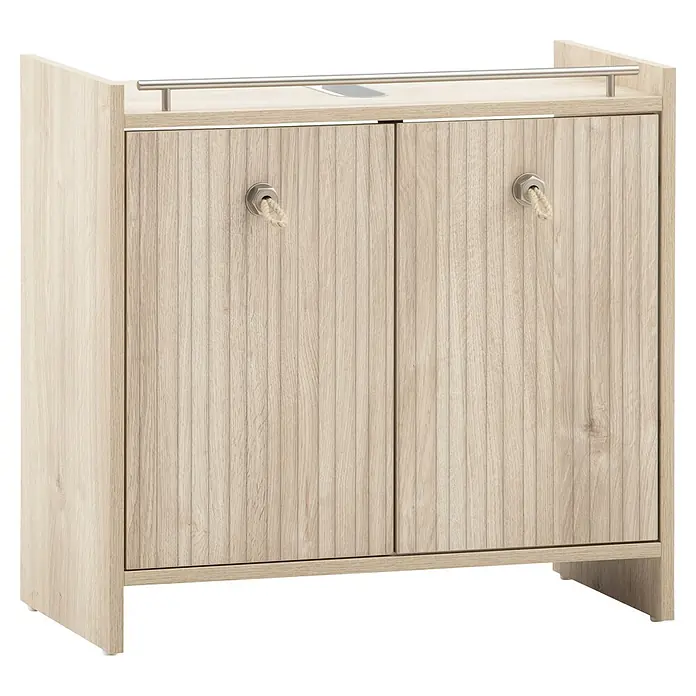 Schildmeyer Waschbeckenunterschrank Sonderby - B x T x H: 650 x 330 x 626 mm, Weißeiche/Eiche gestreift - Heller Holzschrank mit zwei geriffelten Türen, einer silbernen Oberleiste und Seilgriffen.