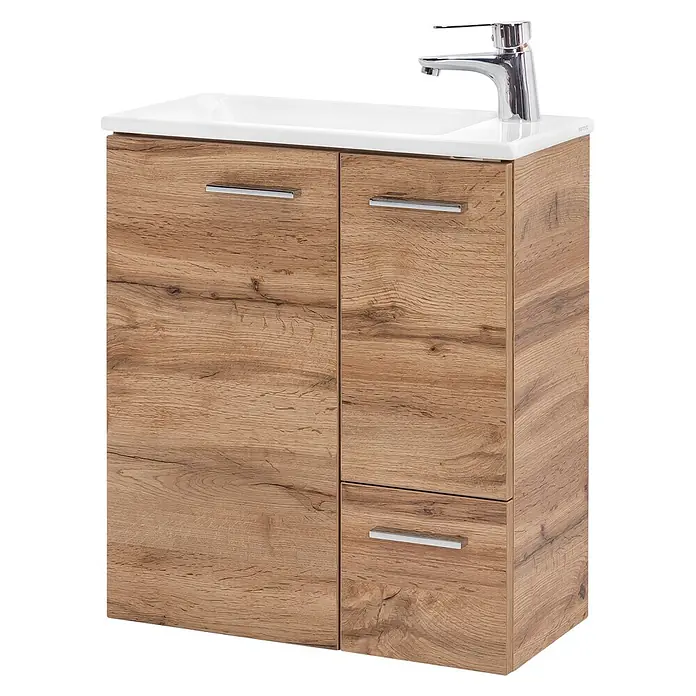 Schildmeyer Badmöbel-Set Matteo - Eiche Landhaus - Waschtischunterschrank aus hellem Holz mit weißem Keramikwaschbecken und Chromarmatur, zwei Türen und einer Schublade.